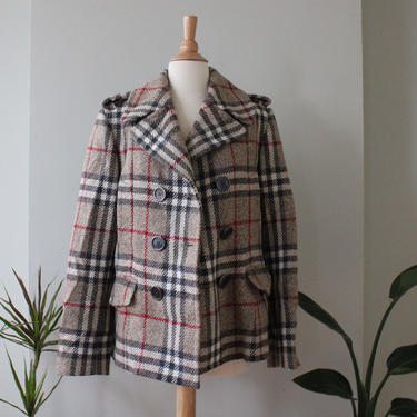 Vintage Burberry Lambswool Classic Plaid Double Breasted Fall Winter Coat Women's Size 12 / M - L 