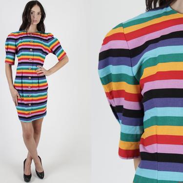 1980s Rainbow Striped Party Dress / Bright Color Red Cotton Dress / Vintage 80s Gold Button Up / Large Puff Sleeves Party Midi Mini Dress 