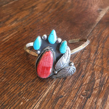 INDIAN SUMMER FB Sterling Silver Spiny Oyster and Turquoise Cuff | Navajo Native American Style Bracelet | Leaf Design Southwestern Jewelry 