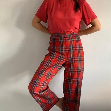70s red wool plaid pants / vintage ultra high waist red Stewart tartan plaid wool flat front pants | S M 