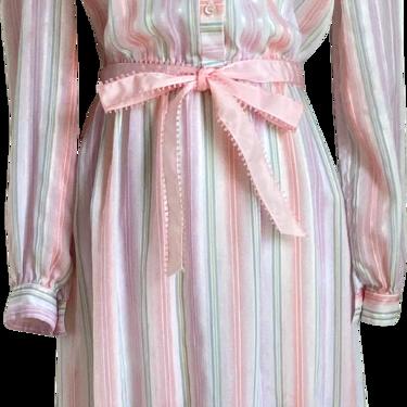 70s Voile Pastel Striped Ribbon Belt Shirtwaist Dress By Leslie Fay