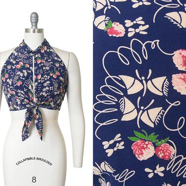 Vintage 1990s Crop Top | 90s does 40s Butterfly Fruit Novelty Print Rayon Navy Blue Tie Waist Blouse (x-small/small) 