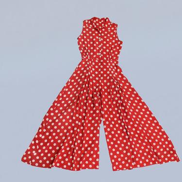 RARE!!! 1940s Jumpsuit / 30s 40s Red Polka Dot Rayon Pantsuit / Wide Palazzo Leg 