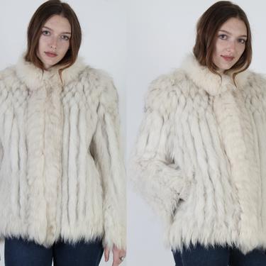 Vintage 70s Diamond Arctic Fox Fur Coat Suede Corded Plush Natural White Jacket 