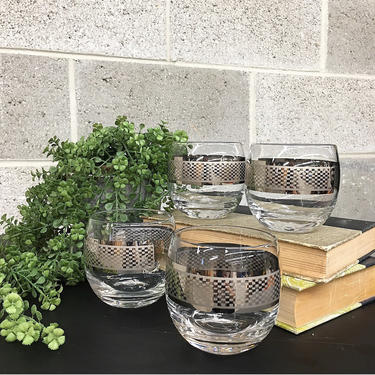 Vintage Glasses Set Retro 1980s Clear + Checkered Pattern + Set of 4 Matching + Whiskey + Old Fashion Glass + Cocktail + Home and Bar Decor 