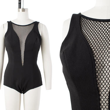 Vintage 1960s Swimsuit | 60s Mesh Low Cut Open Back Black One Piece Bathing Suit (small/medium) 