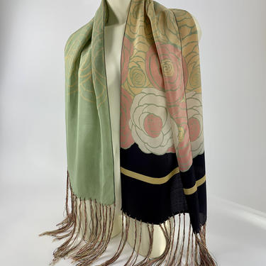 1920'S-30'S Art Deco Scarf - All Silk - Fabulous Asymmetrical Print - Lovely Vintage Colors  - Long Knotted Fringe 