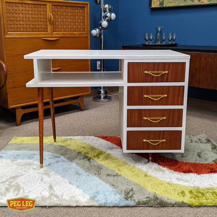 Mid-Century Modern white desk with brass and mahogany details