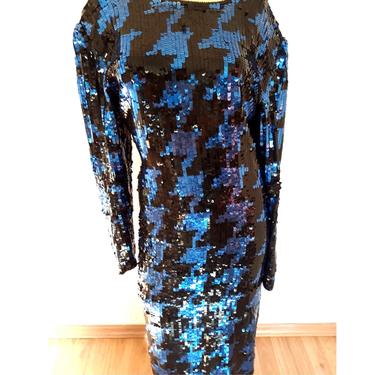 VINTAGE sequin HOUNDSTOOTH DRESS, bronze and black beaded gown, full length, long beaded cocktail dress, art deco, size large l us 14 
