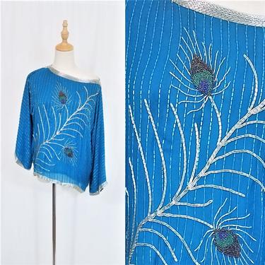1980's Boatneck Turquoise Blue Peacock Feather Pullover Beaded Silk Top I Blouse I Shirt I Sz Lrg 