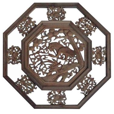 Chinese Wood Carved Octagonal Scenery Wall Decor Panel mh443E 