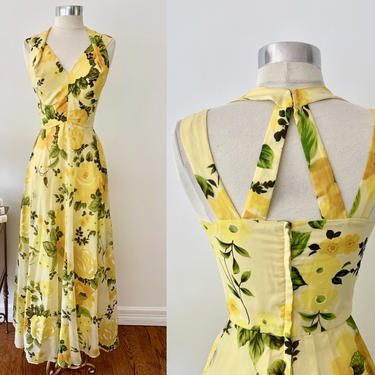Stephen O'Grady Vintage Yellow Summer Maxi Dress / Late 1960's Cage Back Floral Dress / 