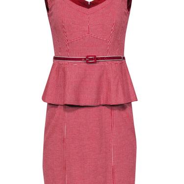 Nanette Lepore - Red & White Striped Sleeveless Belted Sheath Dress w/ Peplum Waist Sz 4