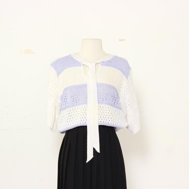 80s White Striped Crochet Blouse / Medium Large 