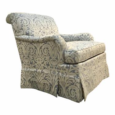 Hickory Chair Traditional Blue and Silver Damask Sateen Skirted Colefax Club Chair