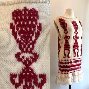 Vintage 60s Funky HAND KNIT Sweater Vest Tunic Poncho / Ethnic Graphic + Fringe / Knit by Grandma 