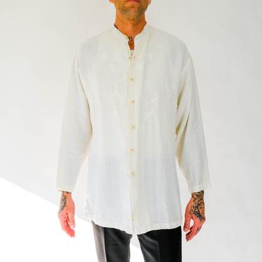 Vintage 80s KENZO HOMME White Linen Floral Embroidered Tunic Shirt | Made in France | 100% Linen | 1980s French Designer Bohemian Shirt 