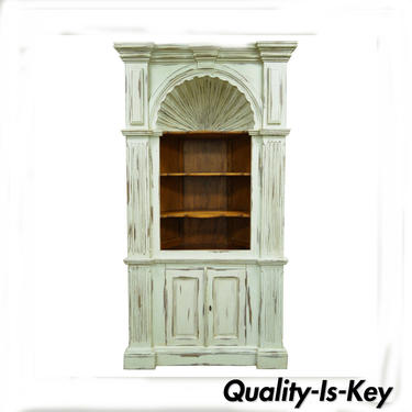 Shell Carved Blue Distress Painted Country French Style Corner Cabinet Cupboard