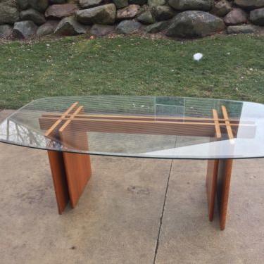 Midcentury Trestle Table with Glass Top