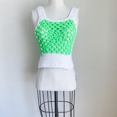 Vintage 1970s Neon Green & White Granny Square Crochet Vest / XXXS 