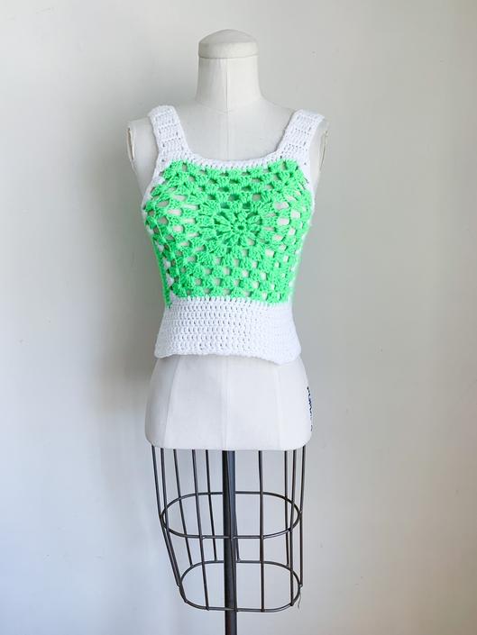 Vintage 1970s Neon Green &amp; White Granny Square Crochet Vest / XXXS 