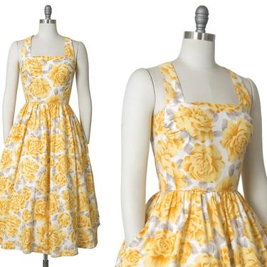 Vintage 1980s does 50s Sundress | 80s LANZ Rose Floral Print Cotton Yellow White Midi Day Dress with Pockets (small) 