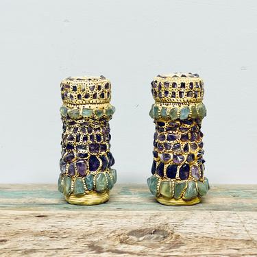 Mosaic Salt and Pepper Shaker Set of 2 | Russian Mosaic | African | Jeweled Salt and Pepper | Spice Jars | Beaded | Stones | Natural 