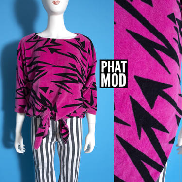ICONIC Vintage 80s Pink &amp; Black Lightning Patterned Fuzzy Soft Sweatshirt Top - Very Misfits Jem Chic 