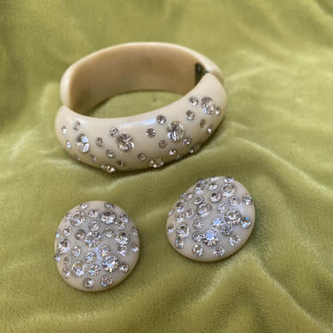 Creamy Celluloid Rhinestone hinge bracelet & Clip-on earrings set, midcentury Hollywood glamour 