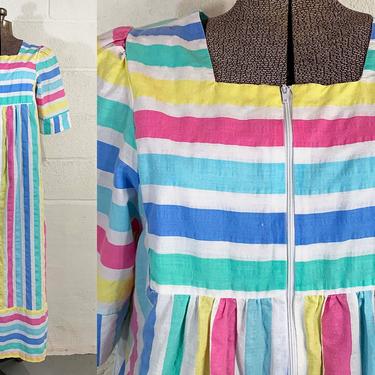 Vintage Styled by Saybury Rainbow Lounge Dress Maxi Pastel Striped 1970s Stripe Pink Purple Yellow 70s Short Sleeve XL Plus Curvy Volup 