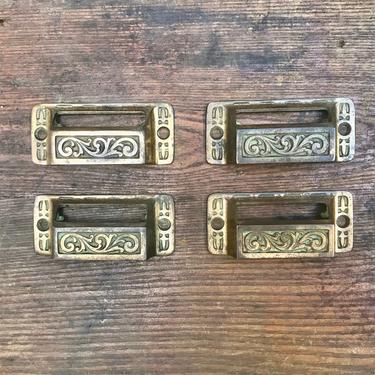 Set of 4 1880s Cast Iron Victorian Eastlake Ornate Drawer Pulls with Labels 