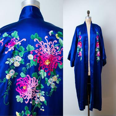 Vintage Embroidered Silk Robe / Cobalt Blue Robe Chinese Embroidery 