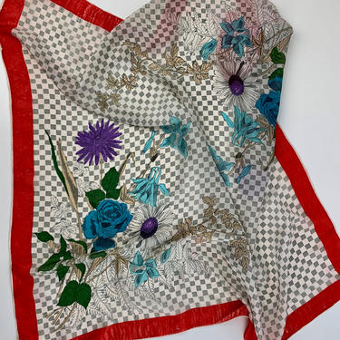 1950'S Silk Scarf - Floral with a Checkered Background - Rolled Hem - 31 Inch x 31 Inch 