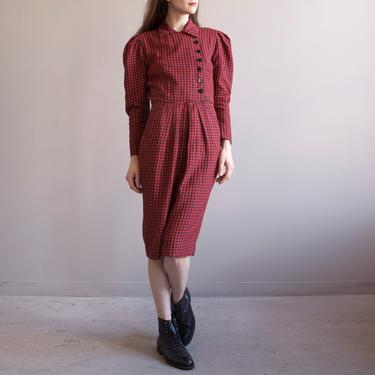 red & black gingham puff shoulders dress / 40s style check dress / size XS S 