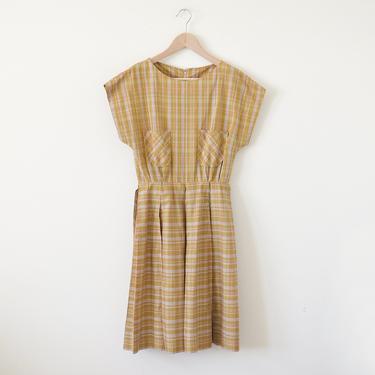 1950s day dress / plaid dress / vintage mustard dress 