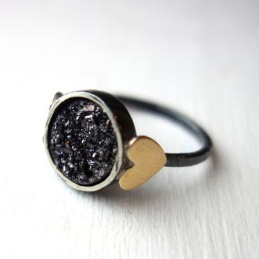 Black Drusy Sweetheart Ring- Midnight Black Drusy with Brass Hearts 