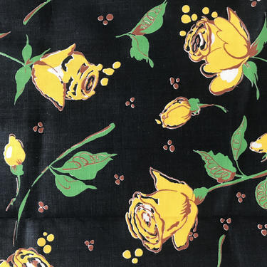 Vintage 1960s Cotton Floral Fabric, Yellow Roses on Black Background, One Yard 36&amp;quot; x 35&amp;quot; 