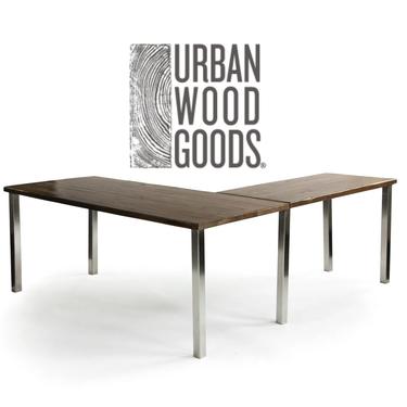 Standing or Sitting L Shaped Desk made of reclaimed wood and steel.  Custom designs, heights, sizes and finishes available. 