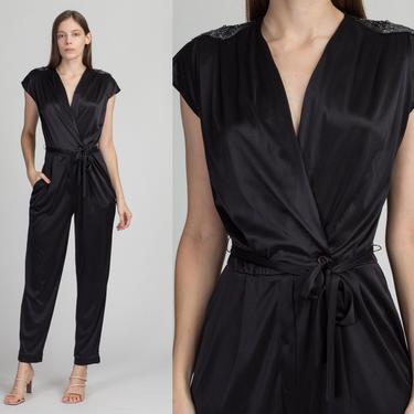 70s 80s Black Sequin Shoulder Jumpsuit - Medium | Vintage Short Sleeve V Neck Wrap Pantsuit 