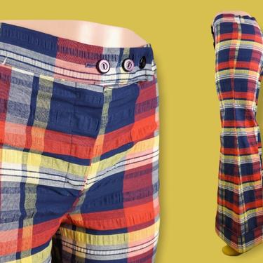 1970s seersucker plaid pants. Cuffed bells wide legs. Low-mid rise. Beautiful color palette. Modern size 6. 