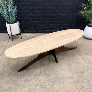 Custom Mid-Century Modern Walnut Surfboard Style Coffee Table with Travertine Stone Top 