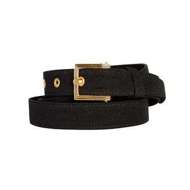 Chanel Vintage 1990s Simple Black Grosgrain Gold Logo Buckle Belt