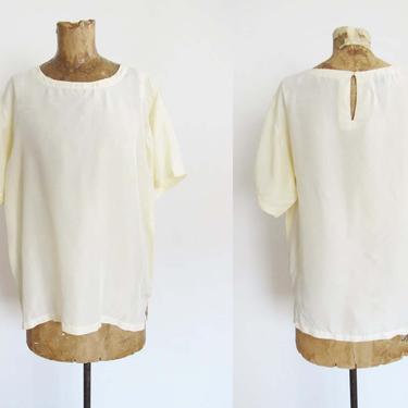 Vintage 90s Off White Silk Blouse M - 1990s Minimalist Silk Boxy Top - Solid Color Silk Shirt - 90s Clothing 