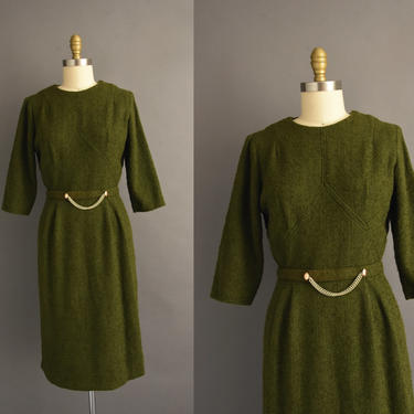 1950s vintage dress | Gorgeous Green Nubby Wool Pencil Skirt Cocktail Party Dress | Medium | 50s dress 