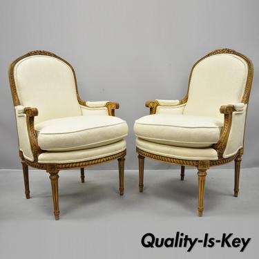 Pair French Louis XVI Style Upholstered Bergere Arm Chairs Greenbaum Interiors