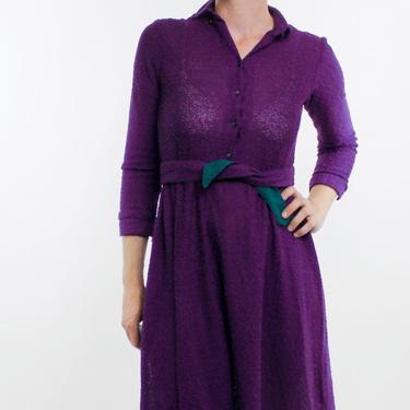 Vintage 70's Dress, textured purple material, lightweight, semi-sheer, button front, elastic waist, tie belt, S. Howard Hirsch - Small 