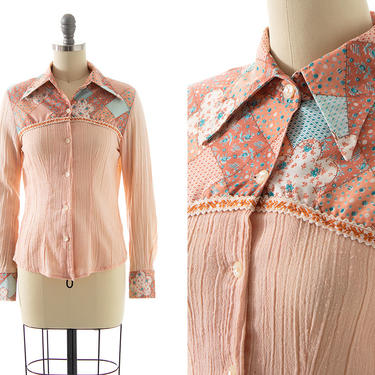 Vintage 1970s Blouse | 70s Patchwork Peach Cotton Gauze Long Sleeve Button Up Western Boho Top (x-small/small) 