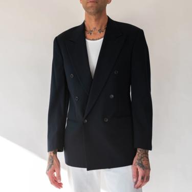 Vintage 80s Giorgio Armani Black Gabardine Double Breasted Blazer | Made in Italy | 100% Wool | 1980s MANI Designer Tailored Mens Jacket 