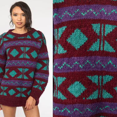 Wool Geometric Sweater Distressed 80s Dark Red Striped Sweater Knit Sweater Grunge 1980s Boho Vintage Pullover Medium 