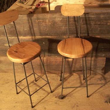 Reclaimed Maple Swivel Bar Stools with Rebar Legs and Back Rest 